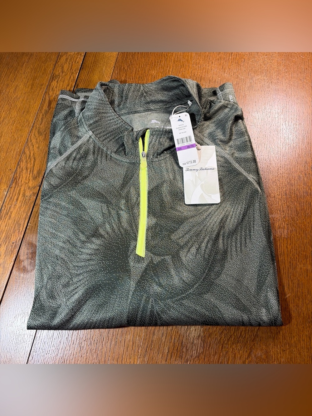 Tommy Bahama Olive Green Palm-Print Quarter-Zip Pullover with Neon Yellow Zip